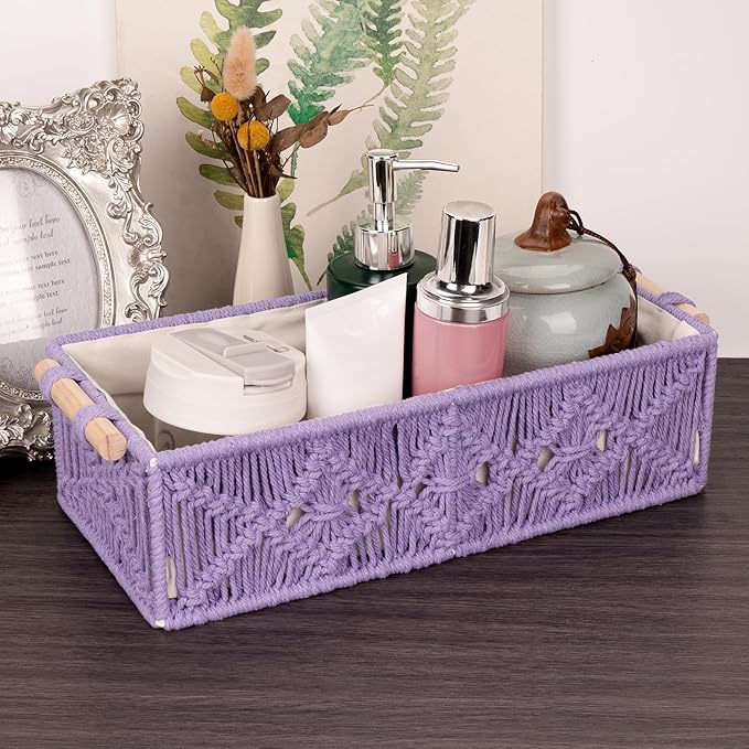 Purple Macrame Storage Baskets, Boho Woven Decor Organizer for Countertop Toilet Tank Shelf Cabinet Bathroom Living Room Entryway (Set of 2)