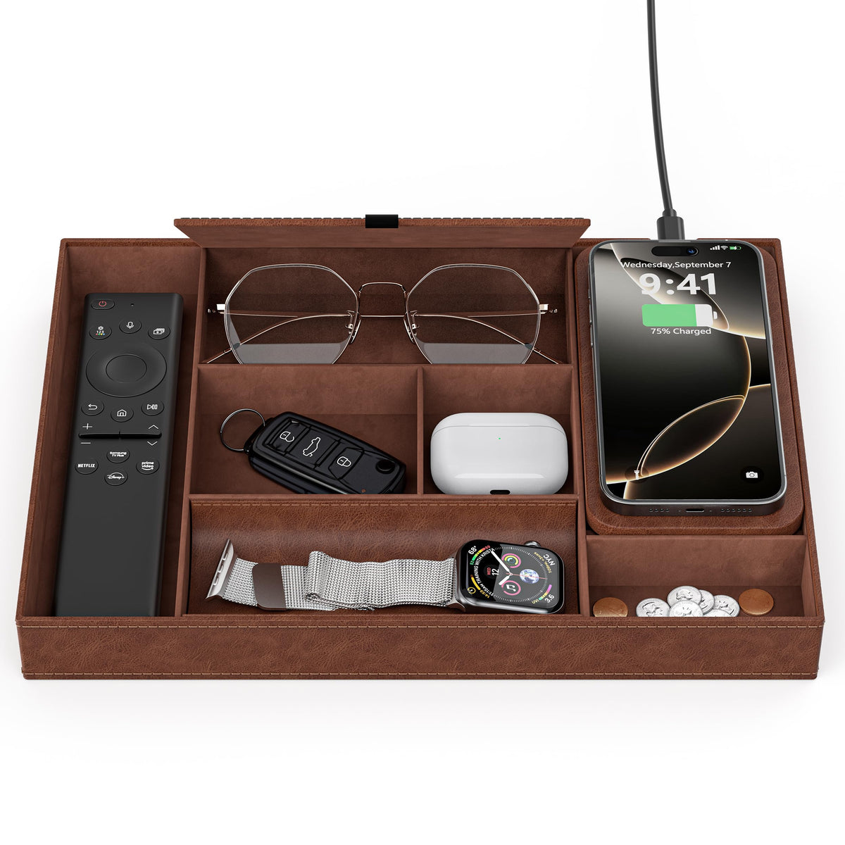 Leather Valet Tray with Wireless Charging Pad - Luxury EDC - Image 1