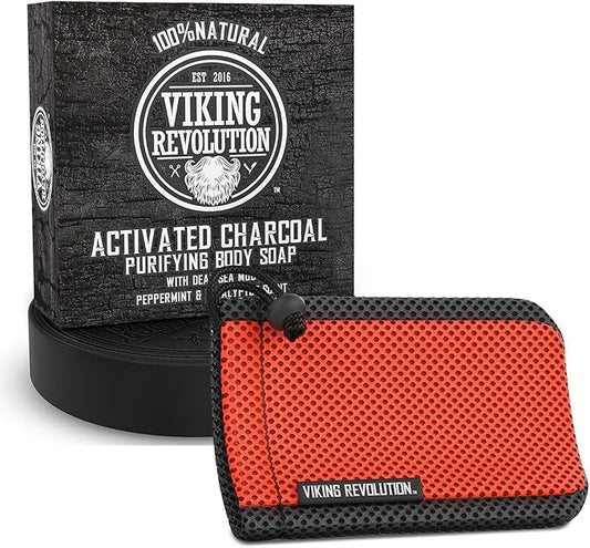 Viking Revolution Soap Bag (5.9"x3.7", 1 Piece) and Skin Cleaning Activated Charcoal Soap for Men, Peppermint & Eucalyptus Scent with Dead Sea Mud (6 Oz) - Body and Face Cleanser