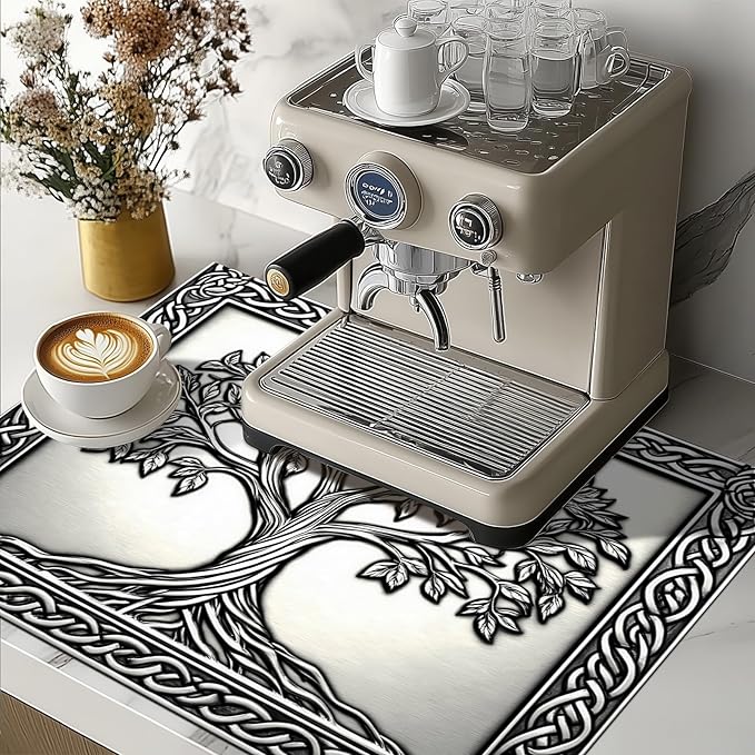 Tree of Life Stove Top Cover for Electric Stove Silver Embossed Celtic Design Dish Drying Mat 28x20 Inch Decorative Kitchen Protector Fit Under Coffee Maker