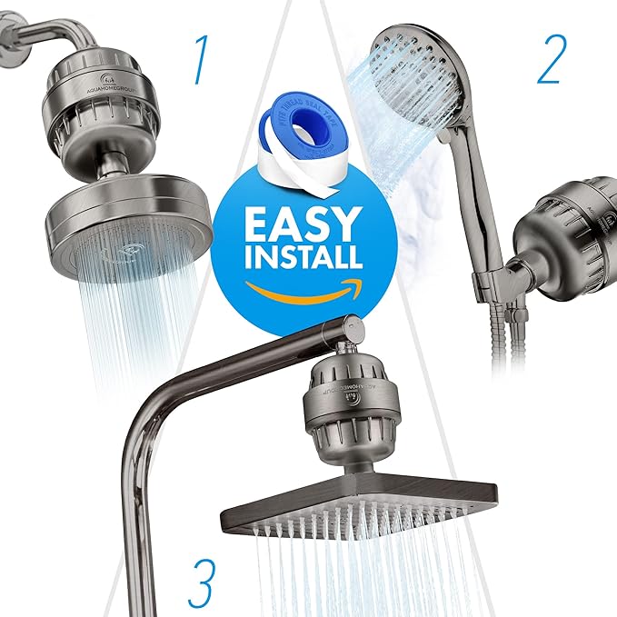 AquaHomeGroup 20 Stage Shower Head Filter with Vitamin C E A for - High Output Filter to Remove Chlorine and Fluoride - 2 Replacement Cartridges - Consistent Flow Showerhead Filter