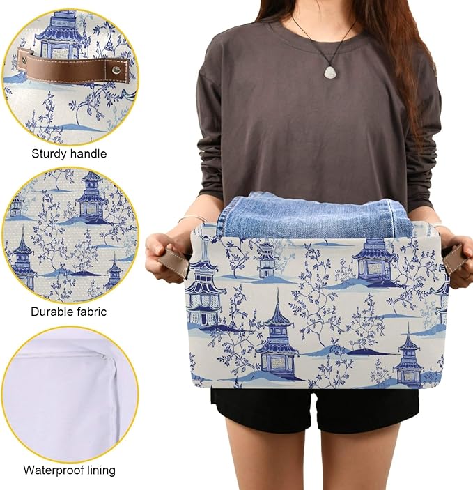 susiyo Large Closet Storage Bin Pagodas Chinoiserie Fabric Storage Baskets Collapsible Decorative Baskets Organizing Basket Bin with PU Handles for Shelves Home Closet Bedroom Living Room-2Pack