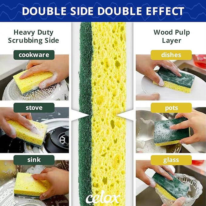 CELOX 36 Pack Dish Sponge for Kitchen, Dual Sided Scrub Sponge Heavy Duty, Non-Scratch Sponges Perfect for Kitchen Dishwashing and Household Cleaning, Highly Absorbent and Easy to Dry for Reuse