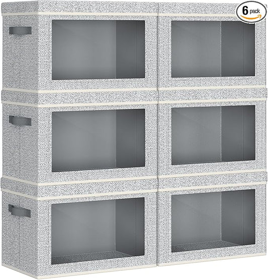 Collapsible Storage Bins with Lids - Stackable Storage Containers with Window, 6 Pack Fabric Cube Bins for Closet, Home & Office Organization Baskets, Light Gray, 14.9" x 9.8" x 9.8"