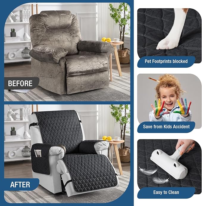 TAOCOCO 100% Waterproof Recliner Cover - Recliner Cover with Non-Slip Granule, Recliner Chair Covers with Elastic Band, Recliner Chair Covers for Reclining Chair(Black, Oversized-30'')