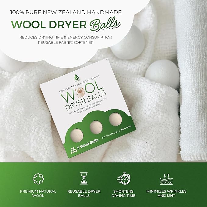 Pursonic Laundry Wool Dryer Balls 9-Pack, XL Size Made with 100% Pure New Zealand Wool - Natural Reusable Fabric Softener Balls for Drying Time & Energy Consumption - Reduces Clothing Wrinkles & Lint