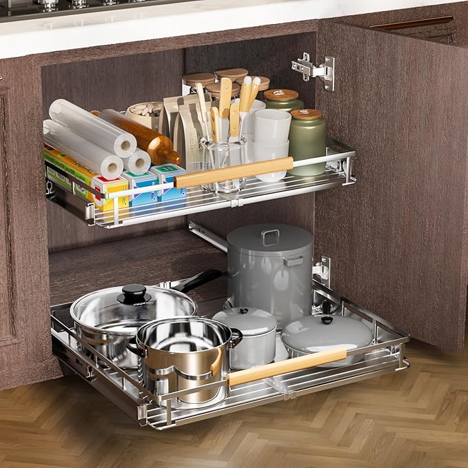 1 Pack Expandable Pull Out Cabinet Organizer，Side Mounting 16.3~26.3"x17.3"Cabinet Pull Out Shelves, Expandable Slide Out Spice Rack for Kitchen Bathroom Office