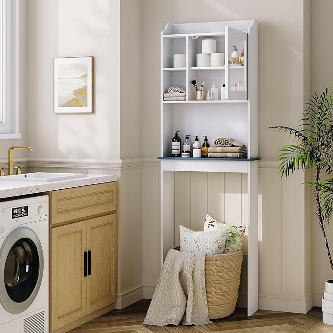 GarveeHome Over The Toilet Storage Cabinet with Adjustable Shelves and Glass Door,Tall Bathroom Organizer Space Saver Over Toilet,Wood Rack for Bathroom, Restroom, Laundry