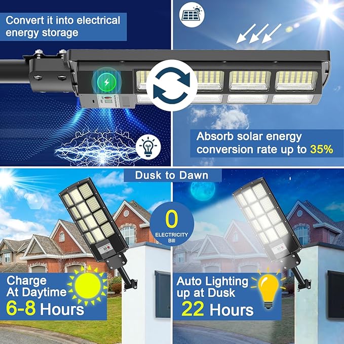 Solar Street Lights Outdoor Dusk to Dawn, 3000W Solar Flood Light Waterproof with Motion Sensor 350000LM Parking Lot Light 2 Pack
