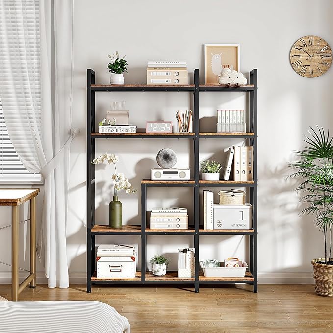 5-Tier Corner Bookshelf, 65.5'' Tall L-Shaped Bookcase, Corner Storage Stand with Metal Frame, Display Storage Rack, for Living Room, Home Office, Bedroom, Rustic Brown TSJ12BF