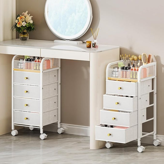 SWTYMIKI Rolling Makeup Organizer Cart - Floor Skincare Make Up Storage with 4 Non-woven Drawers, Vanity Organizer Cosmetic Display Cases Cabinet for Skin Care Perfume Nail Polish Brush Hair Tool