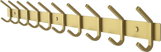Brushed Gold Wall Mounted Coat Rack – 30 Inch Stainless Steel Rail with 10 Double Coat Hooks for Entryway, Bathroom, Bedroom, Kitchen – Modern Gold Hook Rack for Coats, Hats, Towels