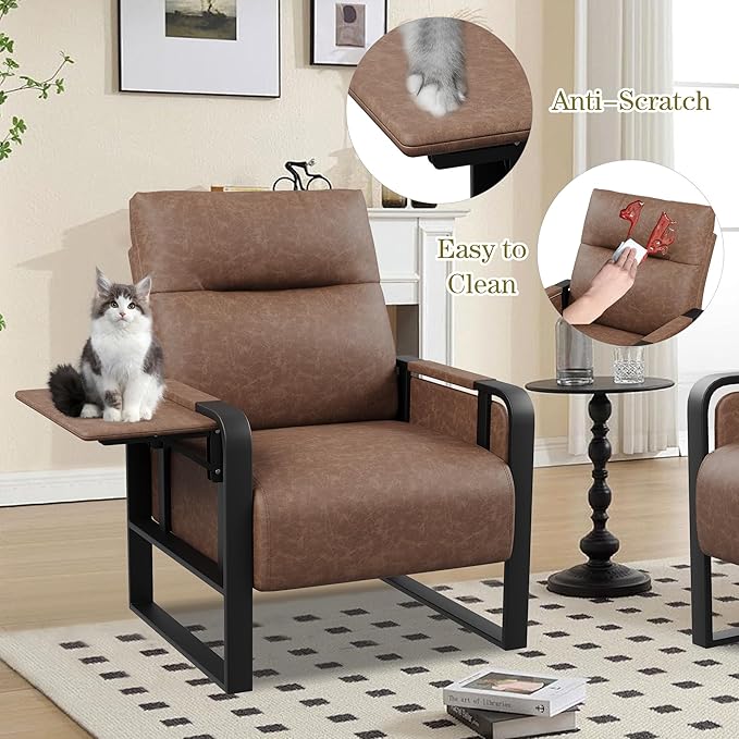 Modern PU Leather Accent Chairs Set of 2 Upholstered Armchairs with Tray Table Leisure Side Chairs for Living Room Bedroom Office Dark Brown