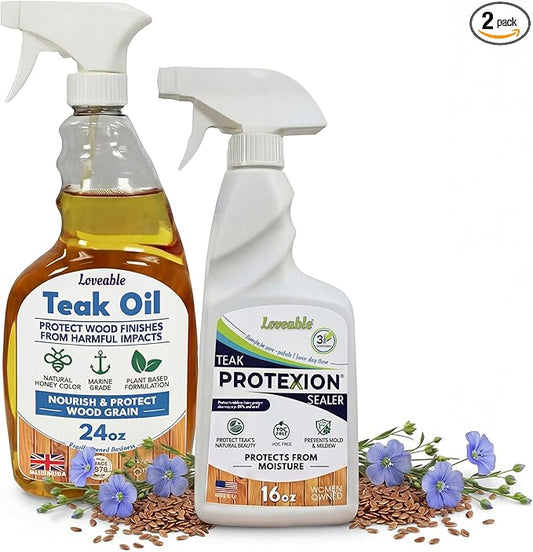 EcoDecors Loveable 24 oz Spray Bottle Teak Oil and Loveable Protection 16 oz Teak Sealer For Outdoor Furniture