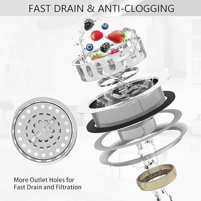 Kitchen Sink Drain 3-1/2 Inch Kitchen Sink Strainer Assembly with T-Shaped Strainer Basket and Drain Stopper for Standard Sink Brushed Stainless Steel