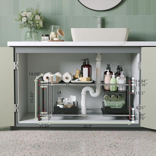 Under Sink Organizers and Storage,Kitchen Cabinet Organizer,2 Tier Under Sink Expandable Shelves，Bathroom Cabinet Organizer with Pull Out Drawers,(30.9-31.64)" W x 14.69" D x 15.83" H,Black