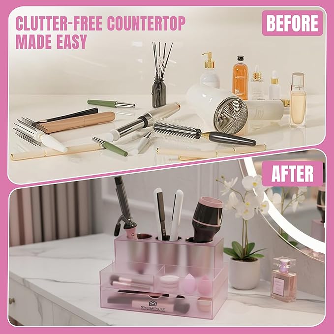 NovaHeavensNest Premium Vanity Hair Tool Organizer Translucent Frozen Acrylic | Large Bathroom Organizer Countertop & Drawer Storage for Hair Tools | Slip-Resistant Hairdryer & Curling Iron Holder