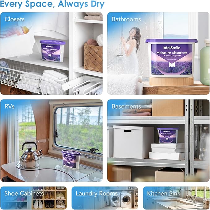 Moisture Absorbers, Efficient Lavender Vanilla Humidity Absorber ＆ Odor Eliminator Boxes, Refillable Car Dehumidifier for Closet, Bathroom, Basement＆ RV, 3 Pack