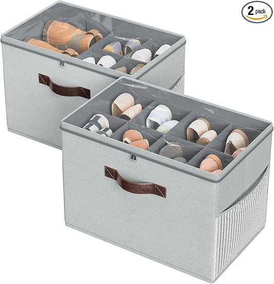 Budding Joy 2 Pack Shoe Organizer for Closet, Clear Foldable Shoe Storage Containers Adjustable Dividers Fits 16 Pairs,Shoe Storage Bins Baskets Boxes with Reinforced Handles Light grey