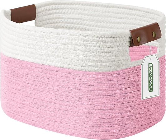 Cotton Rope Basket, Storage Baskets with Handle, 15x10x9 Inch Woven Basket for Shelves, Laundry, Towels, Clothes, Books (White/Pink 1Pack)