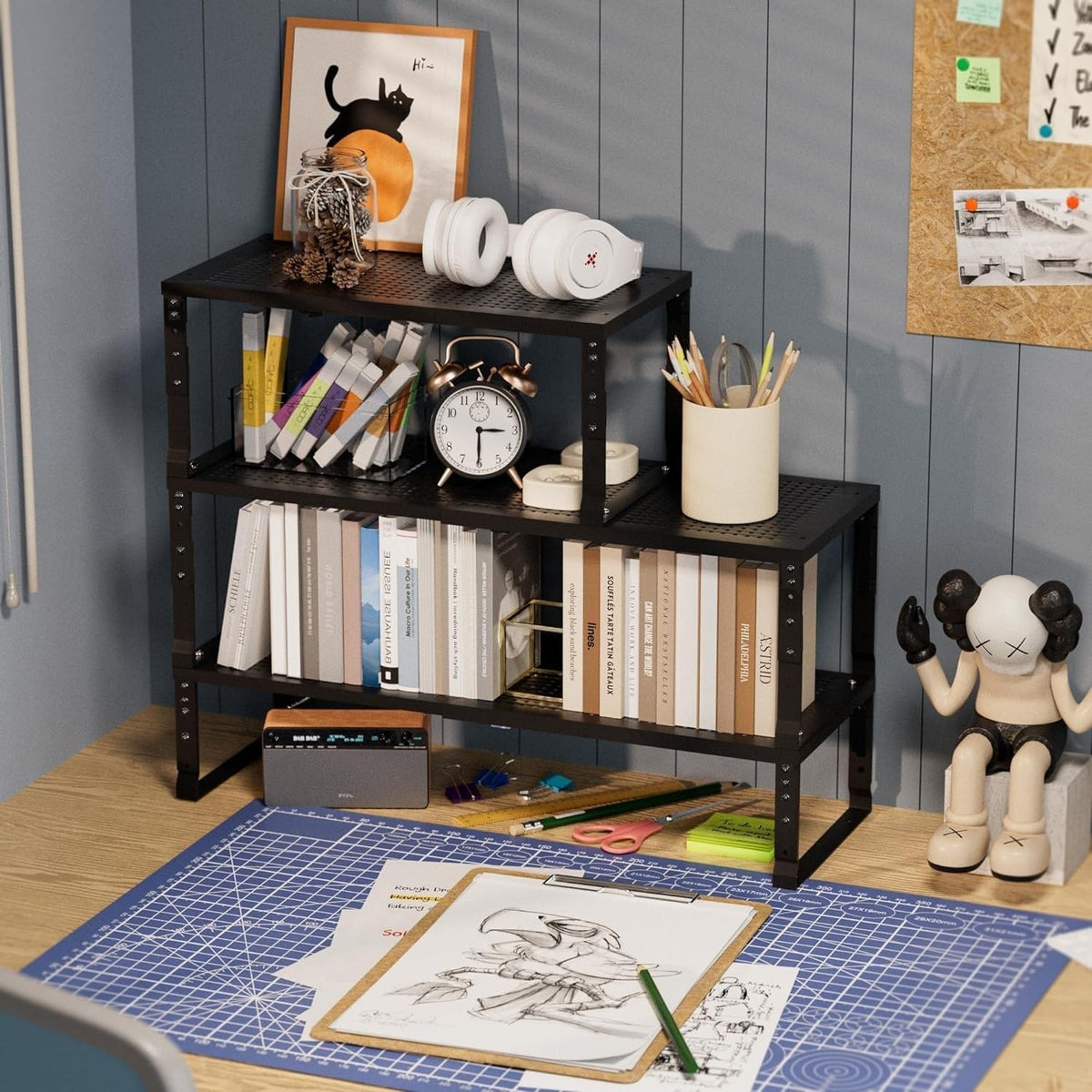 Expandable Stackable Cabinet Shelf, Black, 1-Pack