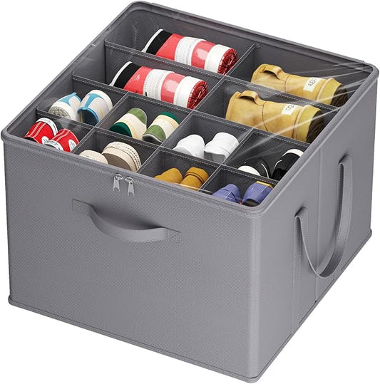 Lifewit Shoe Storage Organizer for Closet, Fabric Large Shoe Box Storage Containers with Clear Cover, Foldable Bins for Boots Heels Sneakers Fits 12-16 Pairs, 1 Pack Gray