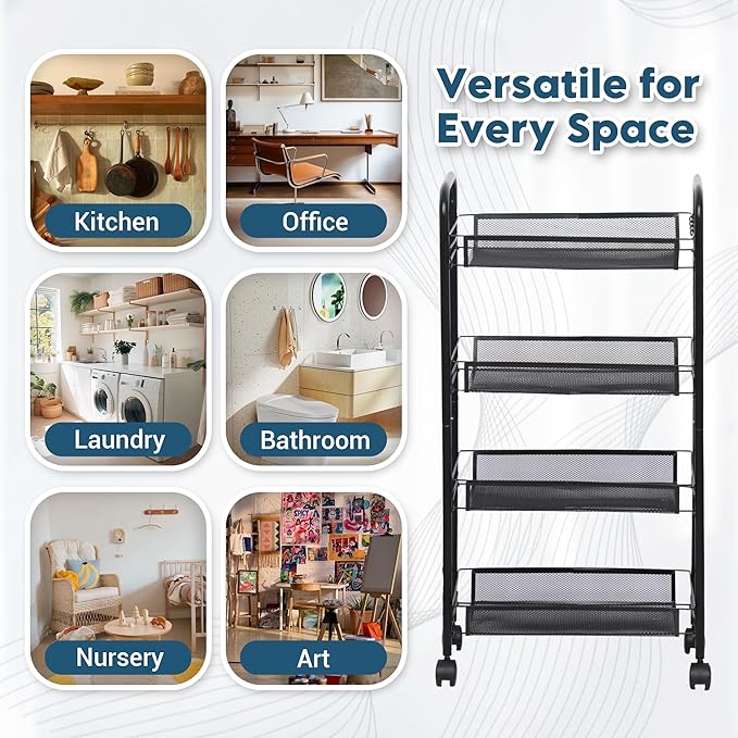 LOFTEY 4 Tier Rolling Storage Cart, Small Metal Utility Cart on Wheels, Rolling Organizer Carts for Kitchen, Bathroom, Laundry Room, Office, Easy No-Tool Assembly, Black