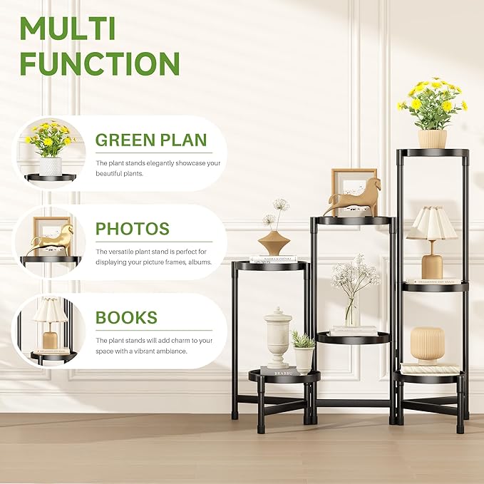 Folding Plant Stand Indoor Outdoor with Metal Tray, 7 Tiered Corner Flower Holder Shelf Metal Orchid Display Rack for Patio Porch Living Room Garden Balcony, Modern Black