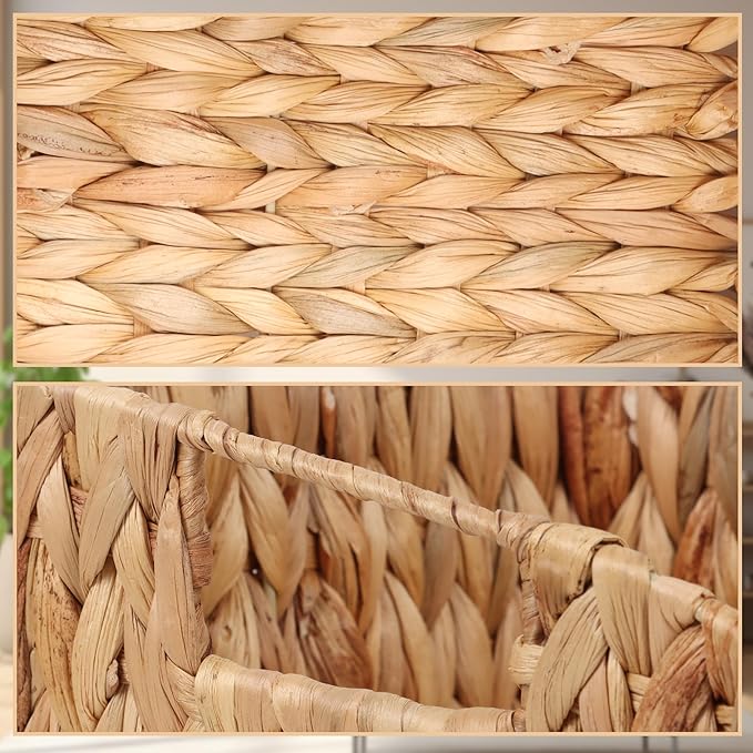 FEILANDUO Wicker Basket with Handles, Handwoven Storage Basket for Pantry, Trapezoid Decorative Baskets for Shelves Home Organizer (Natural(Water Hyacinth), 7.48"L x 9.44"W x 6.49"H)