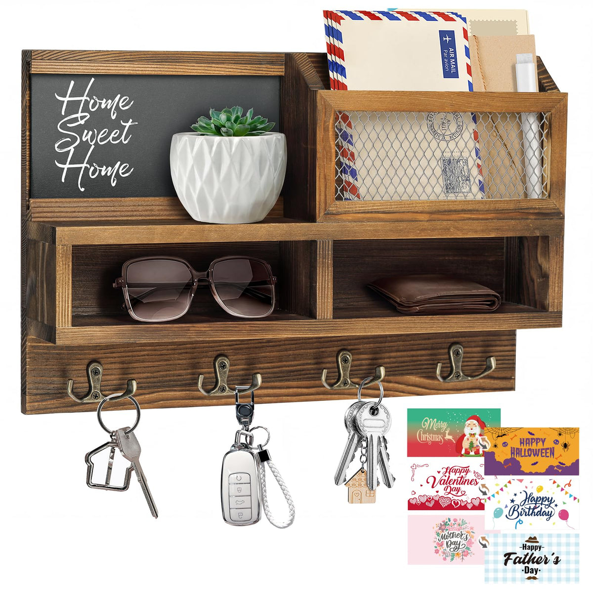 Key Holder Wall Mount, Wooden Mail and Key Organizer, Brown - Image 1
