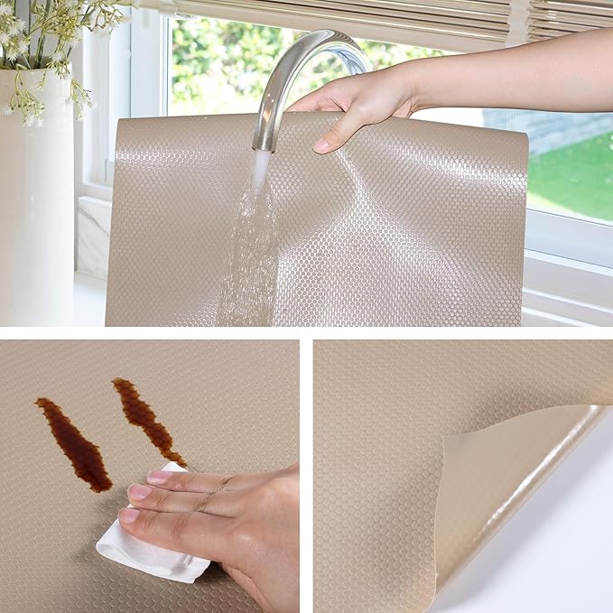 Beige Shelf Liners for Kitchen Cabinets Non Adhesive Drawer Liner for Bathroom Waterproof Refrigerator Liners for Shelves Fridge Plastic Mats Cabinet Cupboard Liner 11.8 x 118 Inches