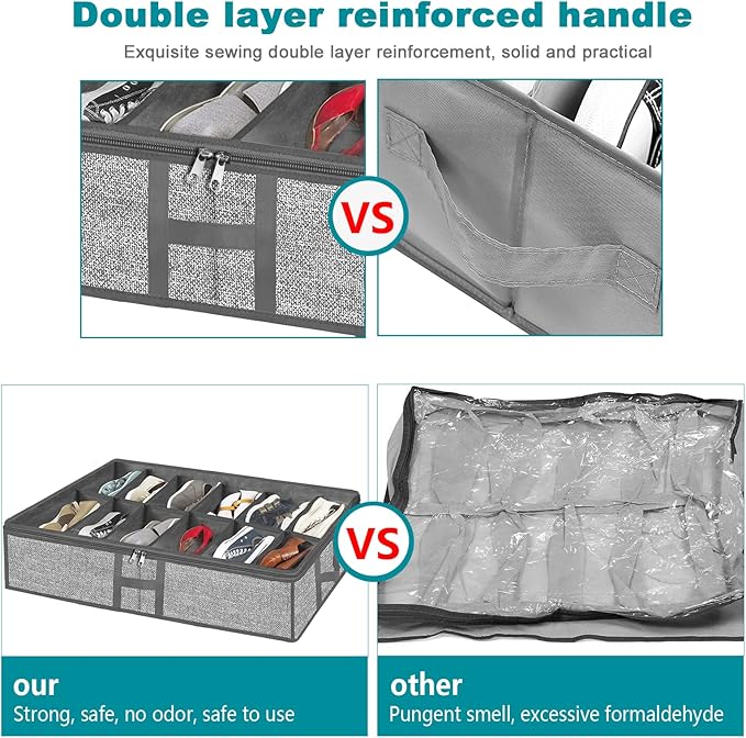 Under Bed Shoe Storage Organizer for Closet 2 Pack- Fits 24 Pairs Underbed Shoes Rack Container Boxes with H Shap Sturdy Handles and Clear Window,Foldable Shoe Rack Holder,Grey