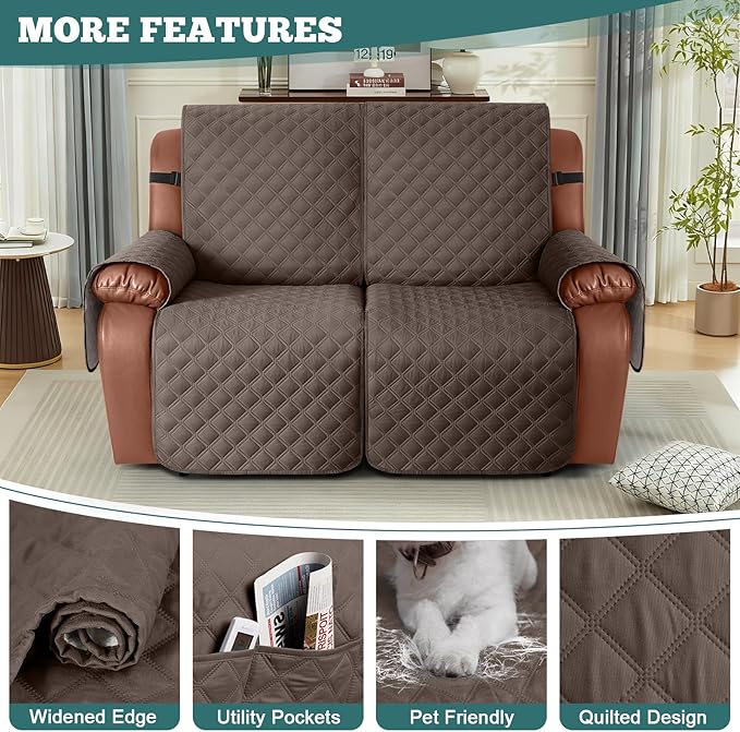Ruaozz Waterproof Recliner Sofa Covers, 1-Piece Couch Covers for Reclining Couches Reclining Couch Cover Washable Furniture Protector with Elastic Straps Pocket for Kids Pets (Brown, 2 Seater)