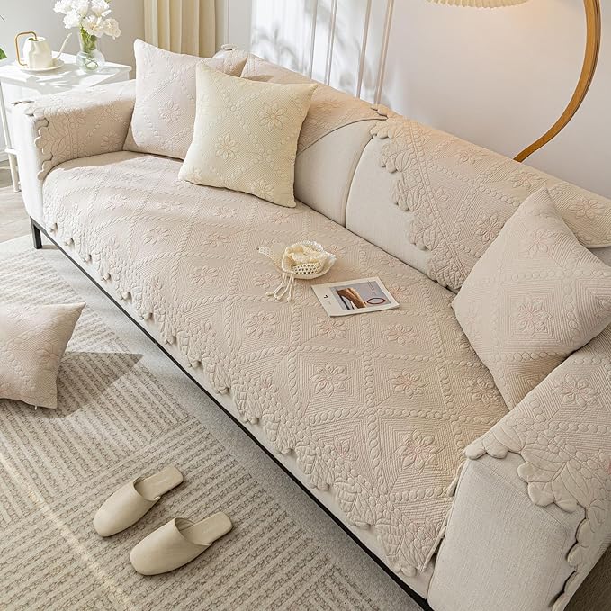 Cotton Quilted Dog Couch Cover for Sofa Farmhouse Rustic Embroidery Sectional Couch Cover Soft Anti-Slip Sofa Slipcover Furniture Protector for Kids, Pets (Khaki,43"x63")