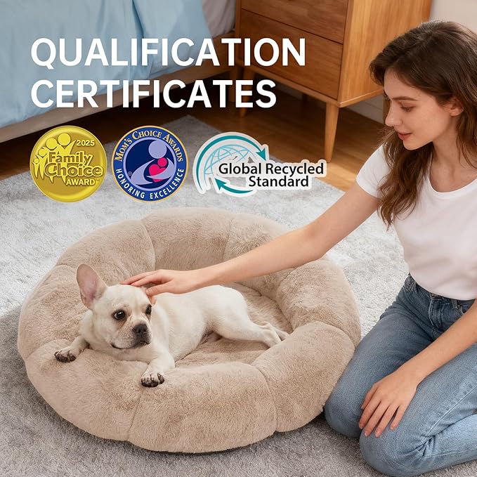 OhGeni 31 inches Calming Donut Orthopedic Dog & Cat Bed for Medium Pets, Warming Comfort Fluffy Short Pile Fur, Durable Waterproof Machine Washable Removable Cover, Cute Round Bed for Puppy, Cream