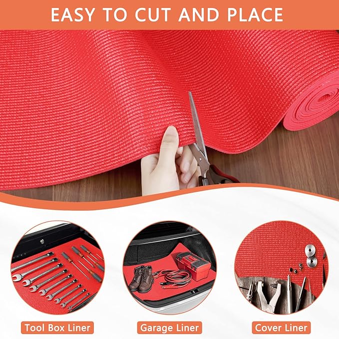 Foam Toolbox Liner Drawer Mat 1/8 Inch Thick X 24 Inch Wide X 24 Ft Long Red, No Slip for Protecting Cabinet, Garage, Cart, Tool Box