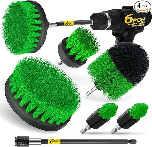 Holikme 6Pack Drill Brush Power Scrubber Cleaning Brush Extended Long Attachment Set All Purpose Drill Scrub Brushes Kit for Grout, Floor, Tub, Shower, Tile, Bathroom，Scrub Brush Green