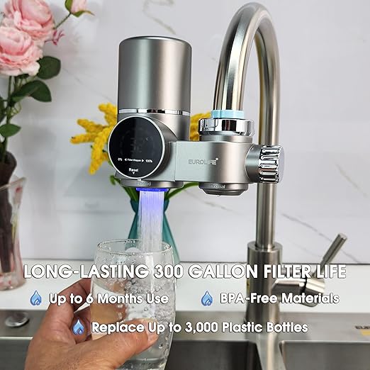 Combo Eurolife Faucet Mount Water Filter EL-LS-A13, LED Sink Water Filter with UV Light and Real Time Filter Life Indicator, Carbon Filter 8 Level fine Filtration, Extra More 2 Carbon Filter Included