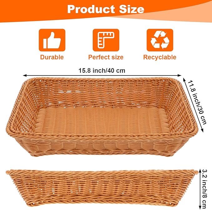 5 Pack 15.8 Inch Large Wicker Bread Baskets, Brown Woven Serving Basket Trays for Food, Bread, Fruits, Vegetables, Snacks - PVC Rattan Display for Restaurant & Home