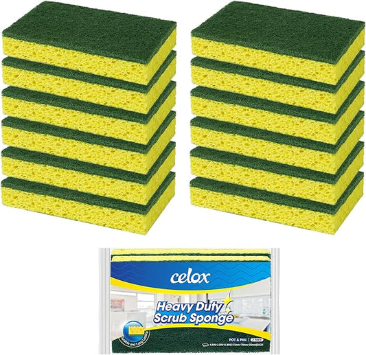 CELOX Sponges Kitchen Sponges for Dishes and Cleaning, 2-Sided Scrub Sponges Dish Sponge and Kitchen Sponge for Washing Dishes, Heavy Duty, Non-Scratch, Sinks, Household Use, Green and Yellow, 12-Pack