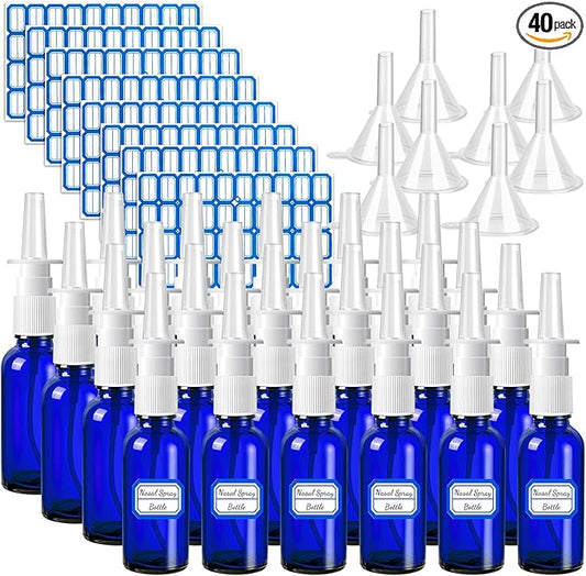 40 Pcs Nasal Spray Bottles, 30ML/1oz Blue Glass Refillable Fine Mist Empty Nasal Spray Bottle with 8 Funnels and 8 Labels
