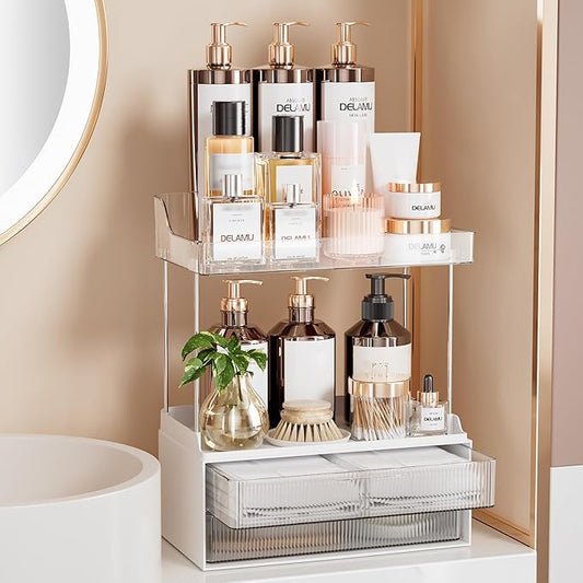 Delamu Bathroom Organizers and Storage, 2 Tier 2 Drawer Makeup Organizer Countertop, Easy to Install, Ideal for Bathroom Counter, Vanity, Ideal for Women Girls, Clear