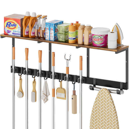 Broom Holder Wall Mount with Cleaning Supplies Organizer - Image 1