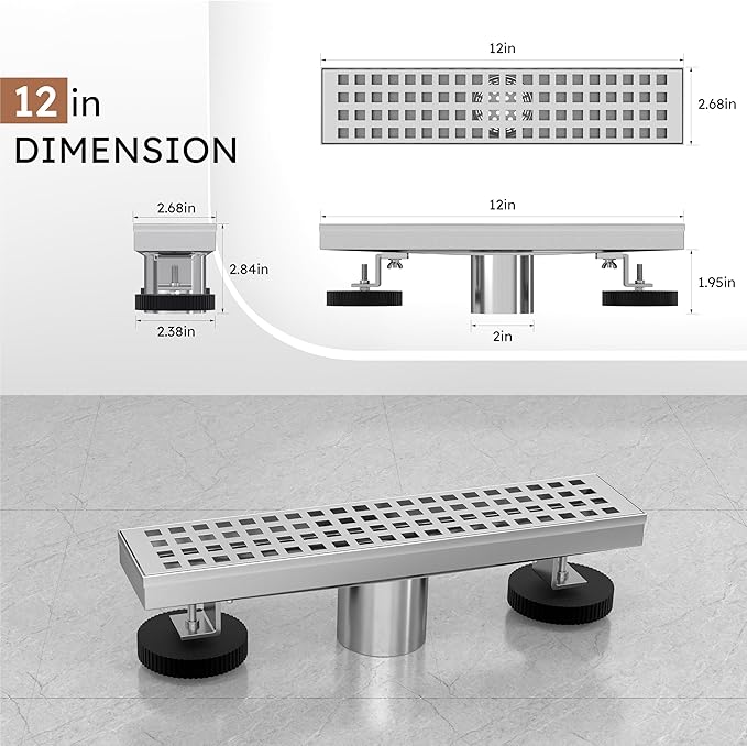Linear Shower Drain 12 Inch, Modern Rectangle Shower Floor Drain with Removable Quadrato Pattern Grate, Stainless Steel SUS 304, Linear Drain with Leveling Feet& Hair Strainer