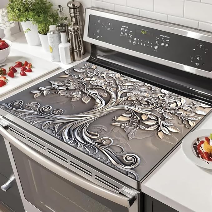 Stove Top Cover 28 x 20 inches Silver Tree of Life Stove Top Covers Pad Glass Flat Top Stove Mat for Kitchen Fit Under Coffee Maker Pot Water Absorbent Mat Diatomite