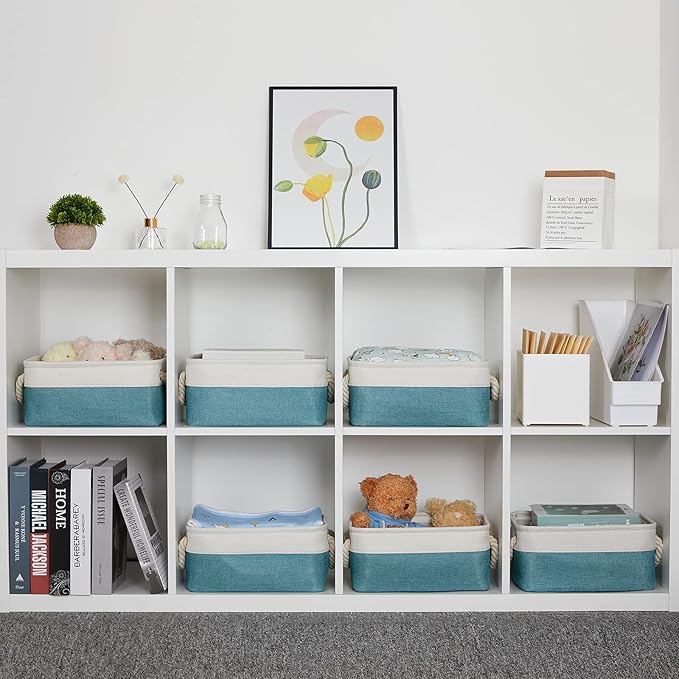 Bidtakay Fabric Baskets for Organizing Closet Set of 6 Small Storage Bins 11.8 X 7.8 X 5 Inches Decorative Storage Baskets for Shelves Foldable Bins for Cube Organizer Rectangular(White&Teal Blue)