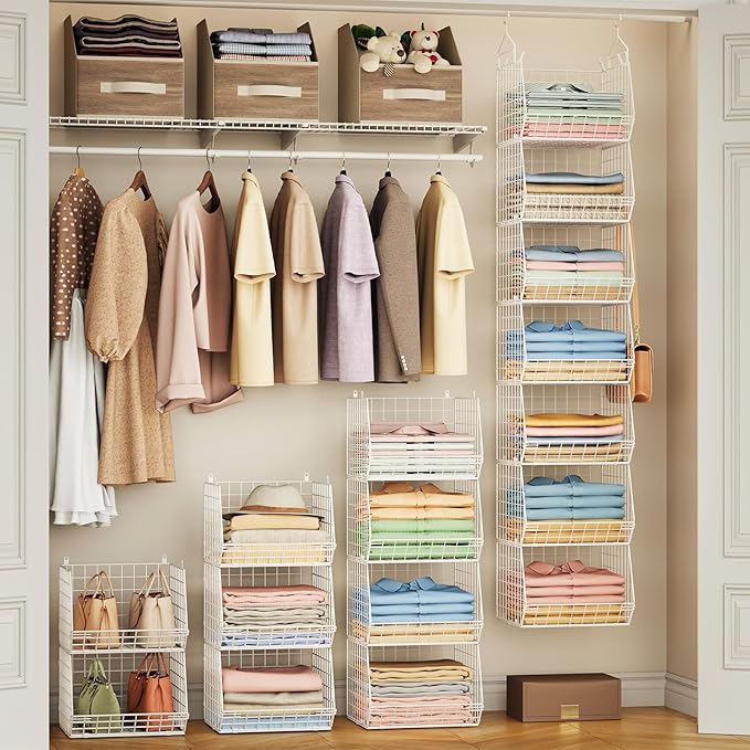 X-cosrack 7 Tier Hanging Closet Organizer and Storage, Foldable Wire Closet Shelving with 5 S Hooks,Hanging Basket for Clothes Sweaters Shoes Handbags,Wardrobe Kitchen Laundry Room-White