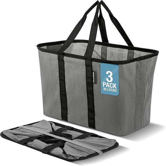 CleverMade EcoBasket 30L Collapsible Tote Basket 3 Pack – Reusable Grocery Tote That Stands Upright, Foldable Shopping Basket for Car Trunk Storage, Heavy Duty Utility Bag, 30 lb Capacity - Gray