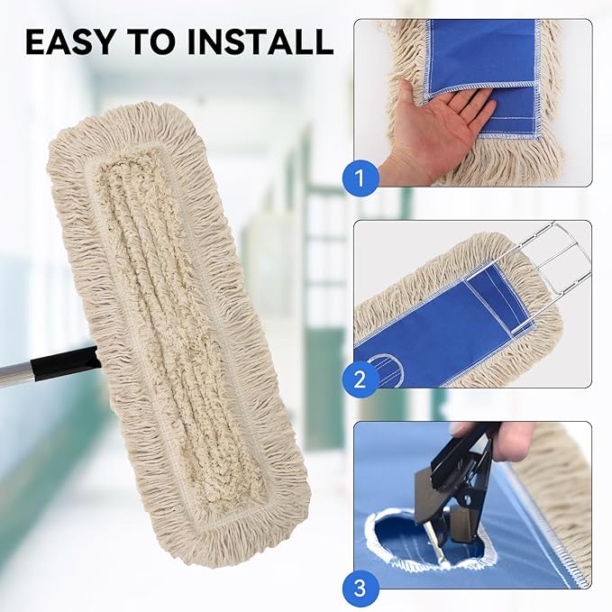 Commercial 24 Inch Dust Mop Head: Replacement Heavy-Duty Sweeper and Janitorial Industrial Dust Mop Head for Floor Cleaning, Office, School, Restaurant, Hospital (3 Pack)