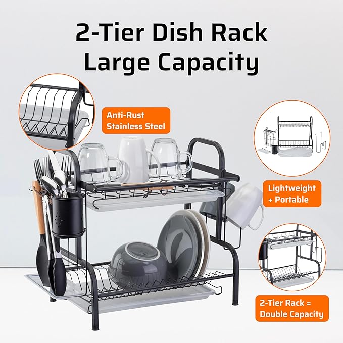 Farenheit 2-Tier Dish Rack for Kitchen Counter – Side Sink Large Black Dish Drying Rack with Utensil Holder, Sink Caddy & Cutting Board Organizer – Durable Stainless Steel Dish Strainer